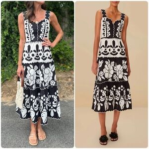 Farm Rio Black And White Summer Cutwork Organic Cotton Midi Dress